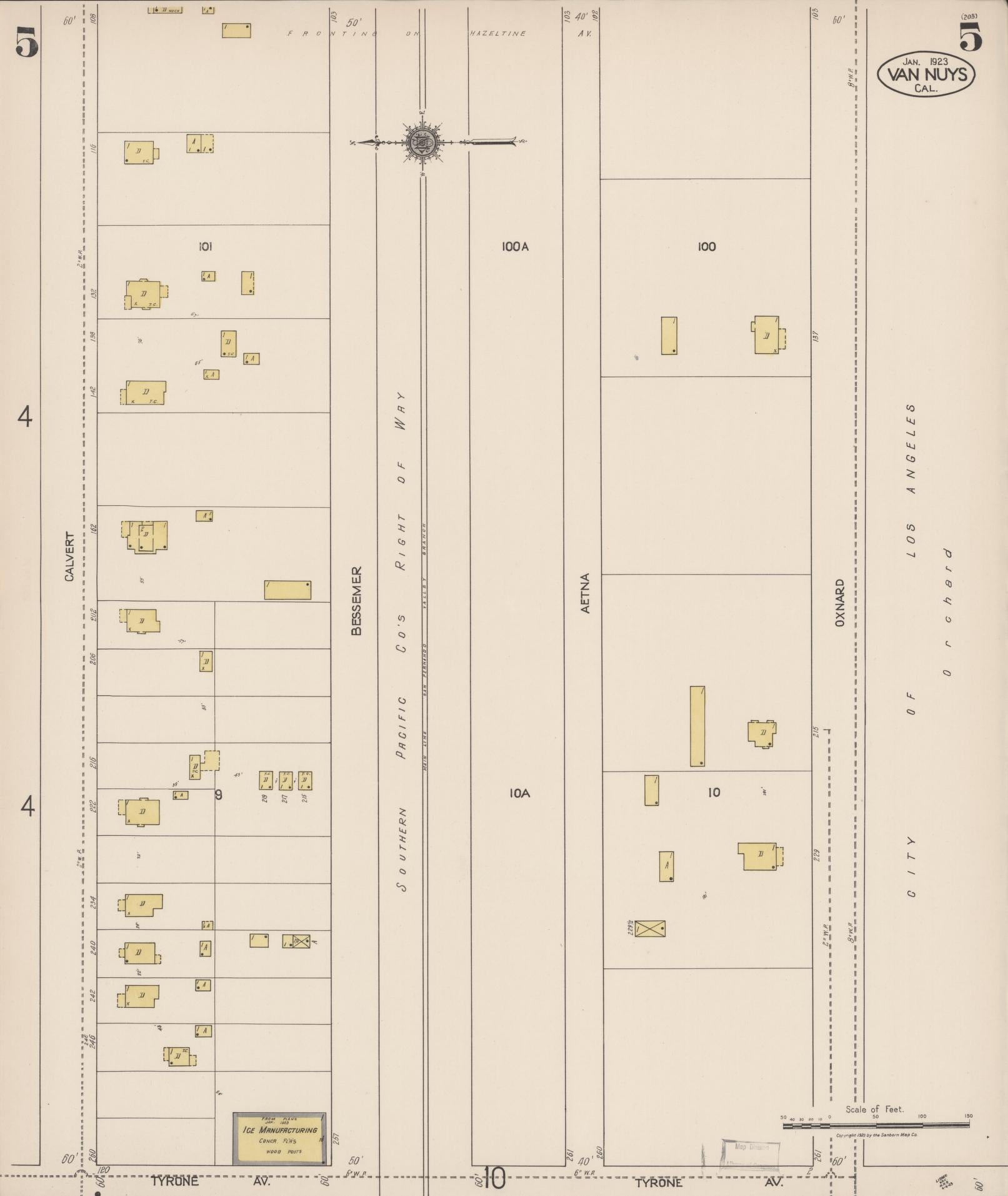 Sanborn Fire Insurance Map from Van Nuys, Los Angeles County, California (1923), Sheet #0005 - Complete Map Set gallery image, historic Sanborn map, vintage wall art, California California