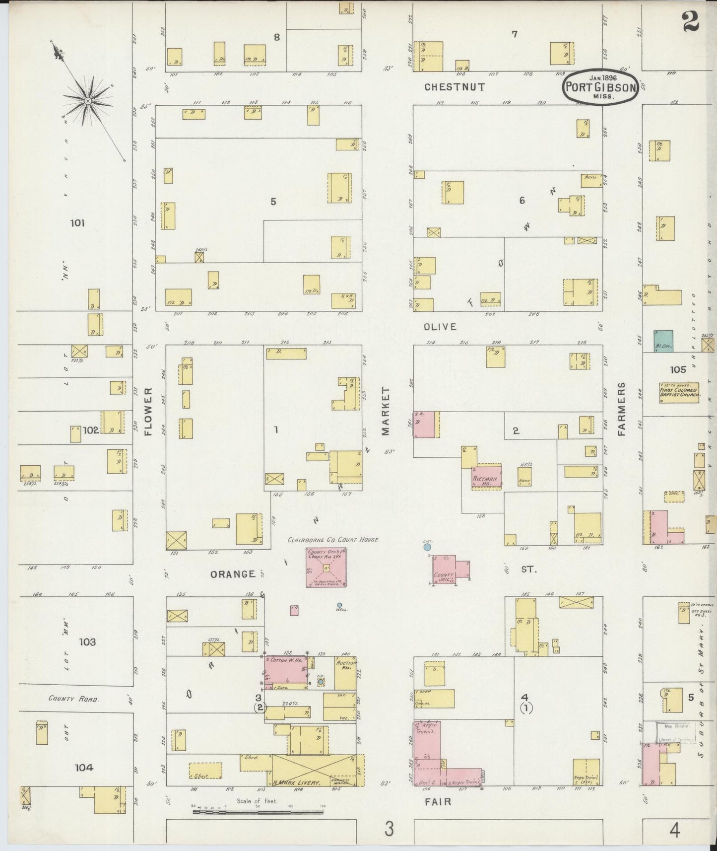 Sanborn Fire Insurance Map from Port Gibson, Claiborne County, Mississippi (1896), Sheet #0002 - Complete Map Set gallery image, historic Sanborn map, vintage wall art, Mississippi Mississippi
