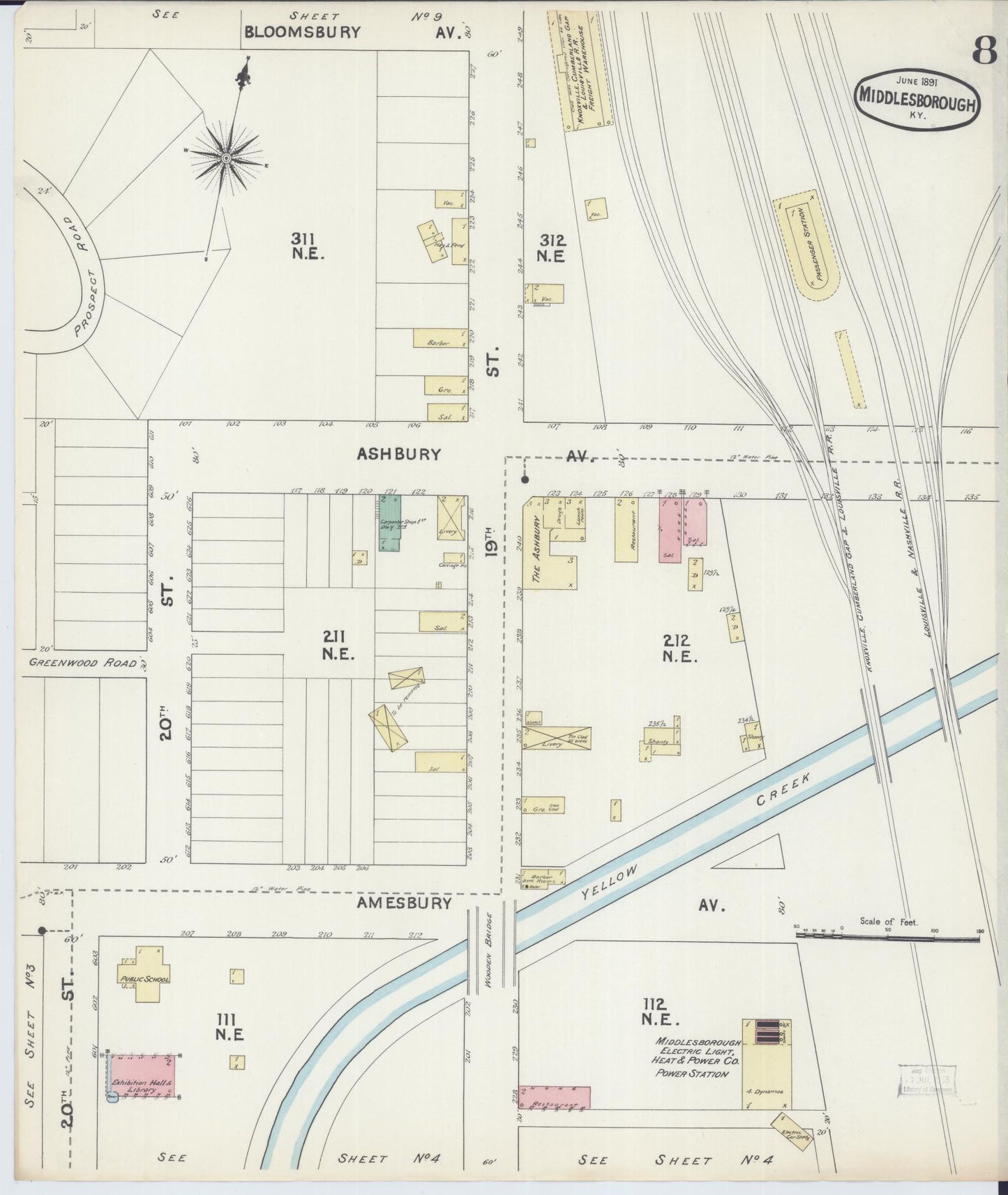 Sanborn Fire Insurance Map from Middlesboro, Bell County, Kentucky (1891), Sheet #0008 - Complete Map Set gallery image, historic Sanborn map, vintage wall art, Kentucky Kentucky