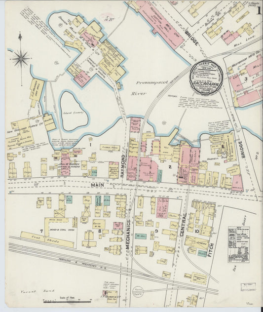 Sanborn Fire Insurance Map from Saccarappa, Cumberland County, Maine (1890), Sheet #0001 - Historic Sanborn Fire Insurance Map Print, vintage old map wall art, antique decor, genealogy gift, Maine Maine map