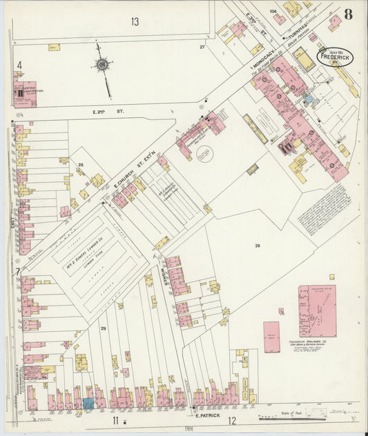 Frederick, Maryland - 1911 - Sanborn Fire Insurance Map, Sheet #0008 - Historic Sanborn Fire Insurance Map Print, Frederick Maryland 1911 0008 vintage old map wall art