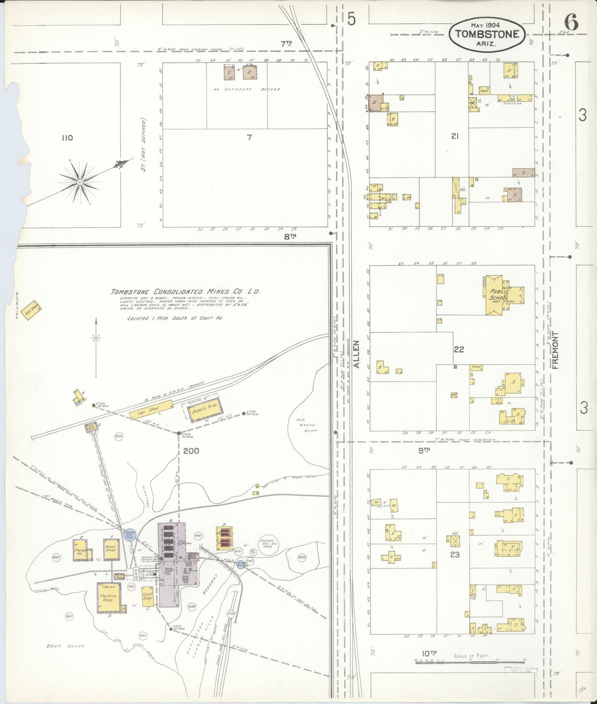 Sanborn Fire Insurance Map from Tombstone, Cochise County, Arizona (1904), Sheet #0006 - Historic Sanborn Fire Insurance Map Print, vintage old map wall art, antique decor, genealogy gift, Arizona Arizona map