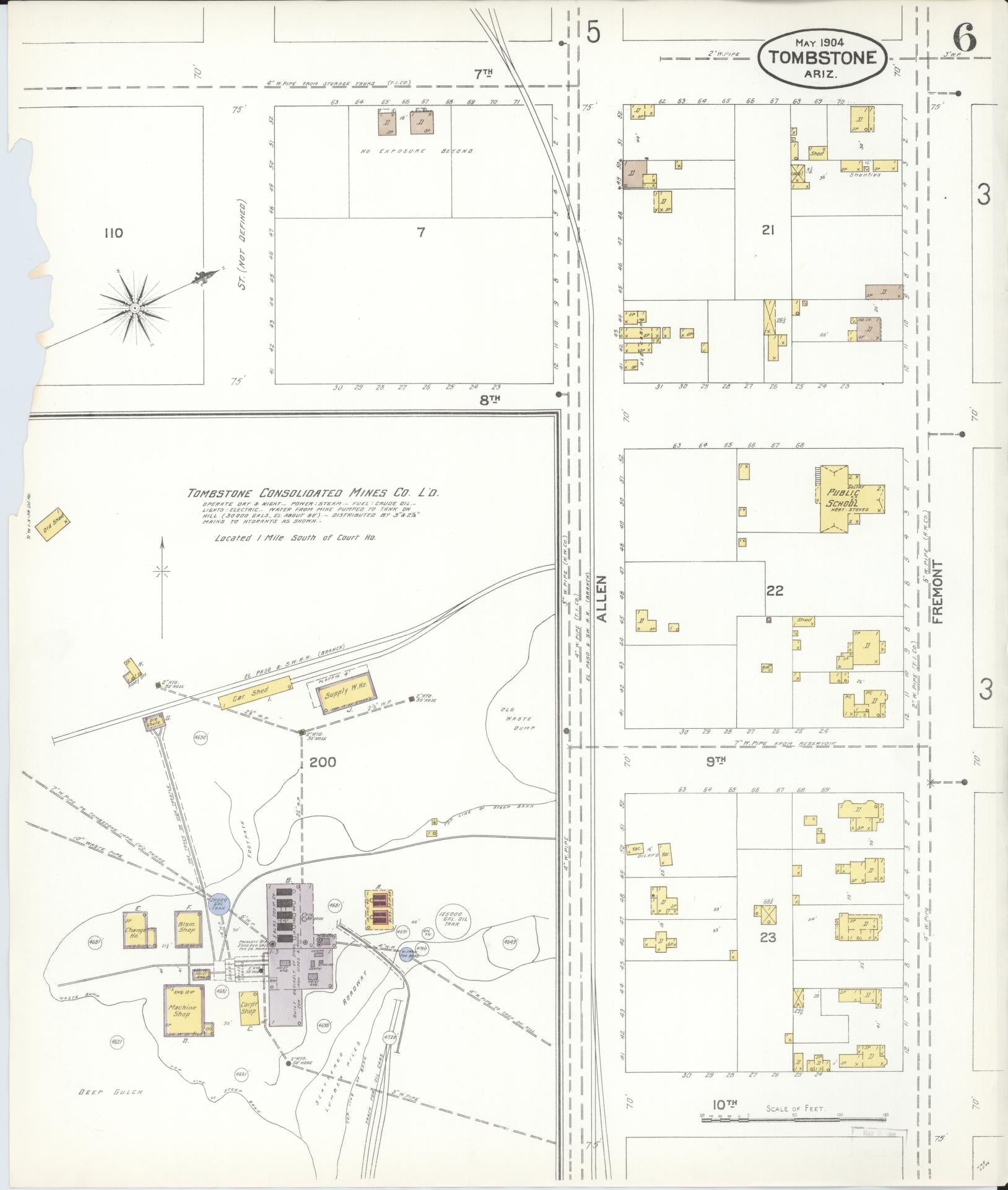 Sanborn Fire Insurance Map from Tombstone, Cochise County, Arizona (1904), Sheet #0006 - Historic Sanborn Fire Insurance Map Print, vintage old map wall art, antique decor, genealogy gift, Arizona Arizona map