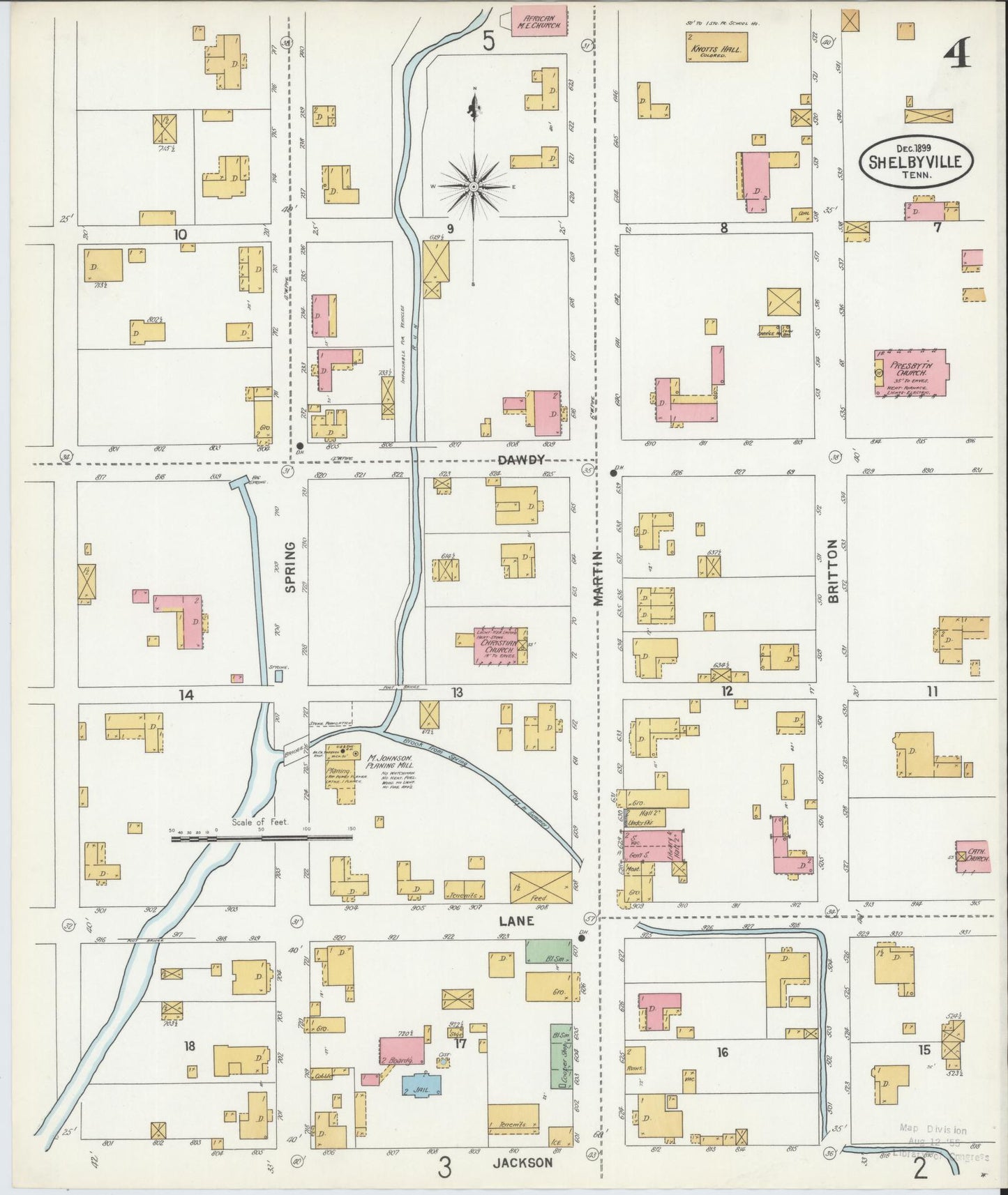Sanborn Fire Insurance Map from Shelbyville, Bedford County, Tennessee (1899), Sheet #0004 - Complete Map Set gallery image, historic Sanborn map, vintage wall art, Tennessee Tennessee