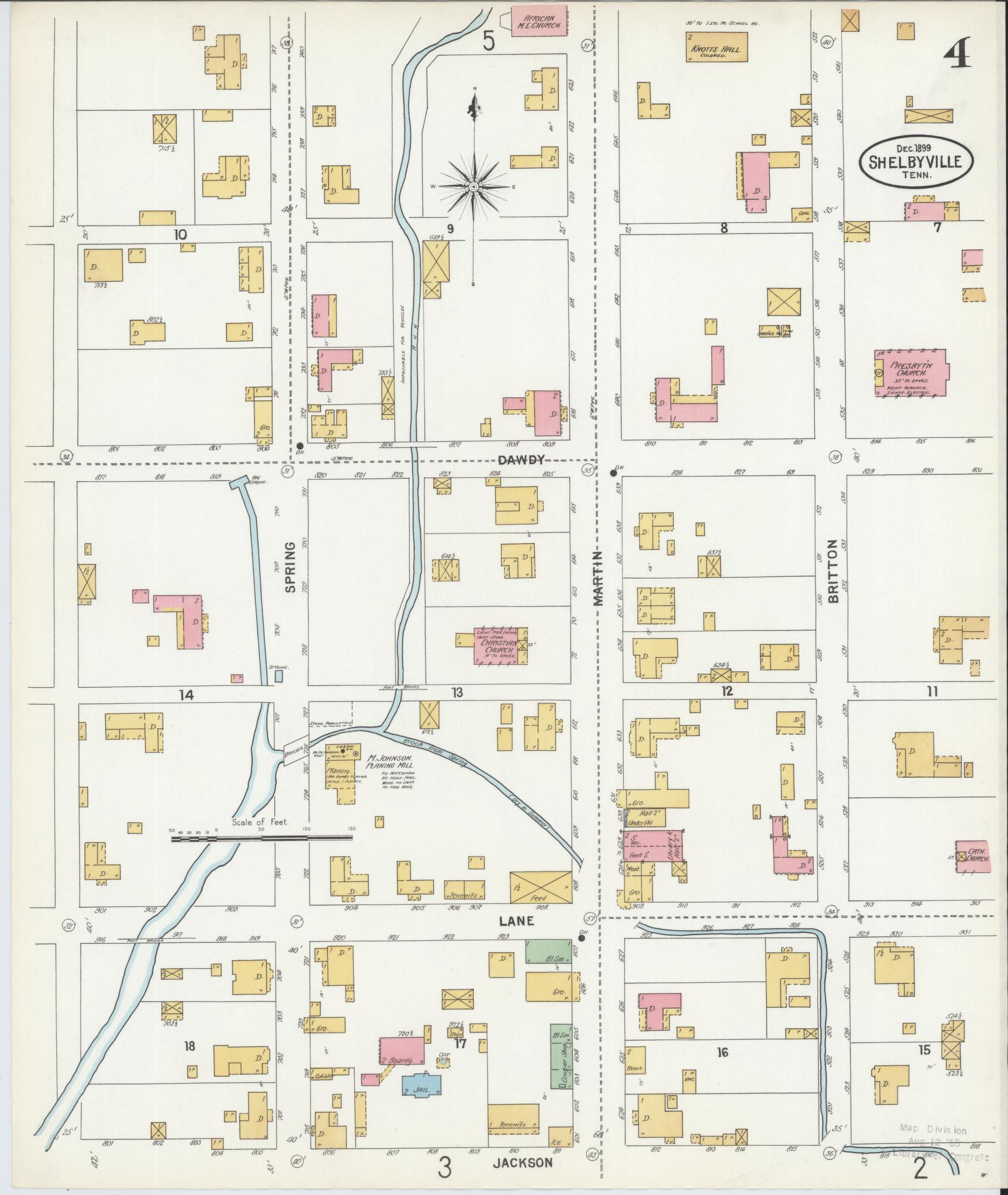 Sanborn Fire Insurance Map from Shelbyville, Bedford County, Tennessee (1899), Sheet #0004 - Complete Map Set gallery image, historic Sanborn map, vintage wall art, Tennessee Tennessee