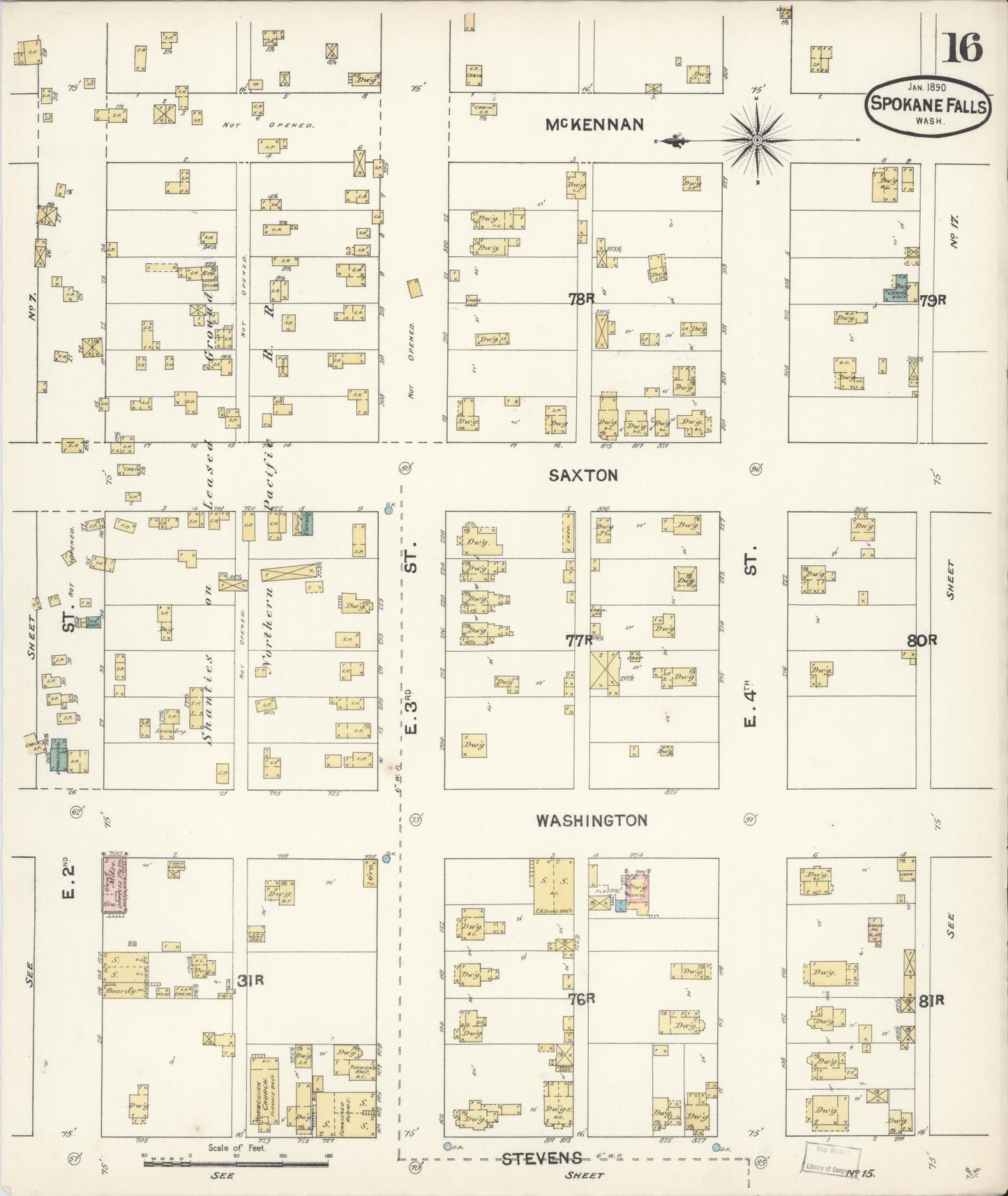 Sanborn Fire Insurance Map from Spokane, Spokane County, Washington (1890), Sheet #0016 - Complete Map Set gallery image, historic Sanborn map, vintage wall art, Washington Washington