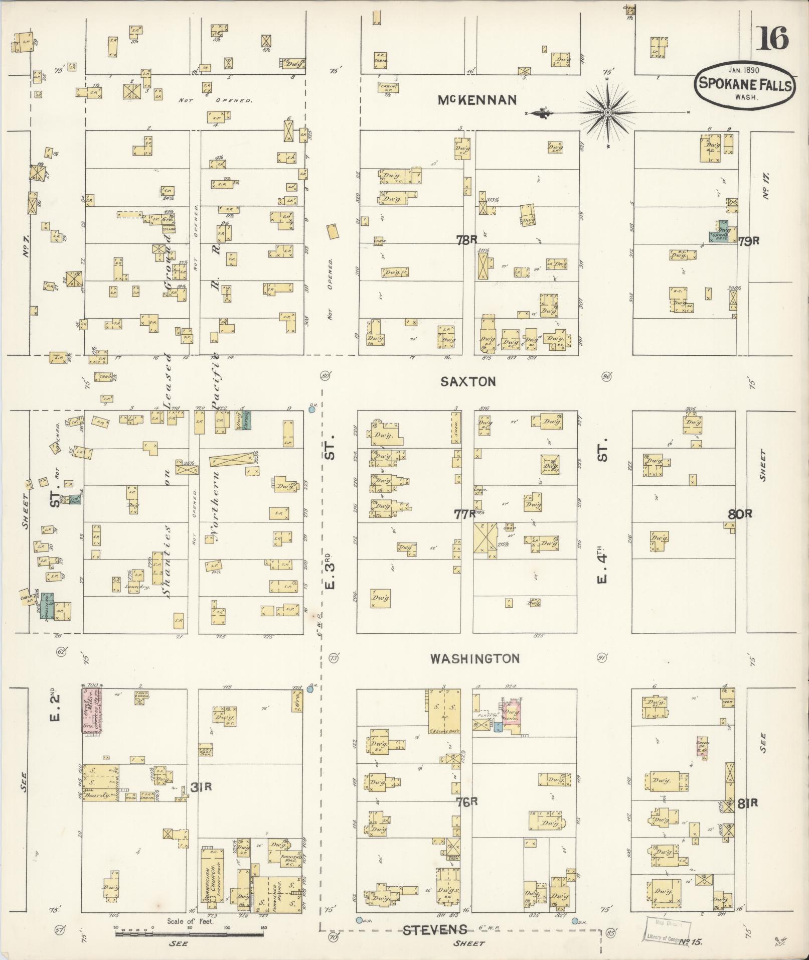 Sanborn Fire Insurance Map from Spokane, Spokane County, Washington (1890), Sheet #0016 - Complete Map Set gallery image, historic Sanborn map, vintage wall art, Washington Washington