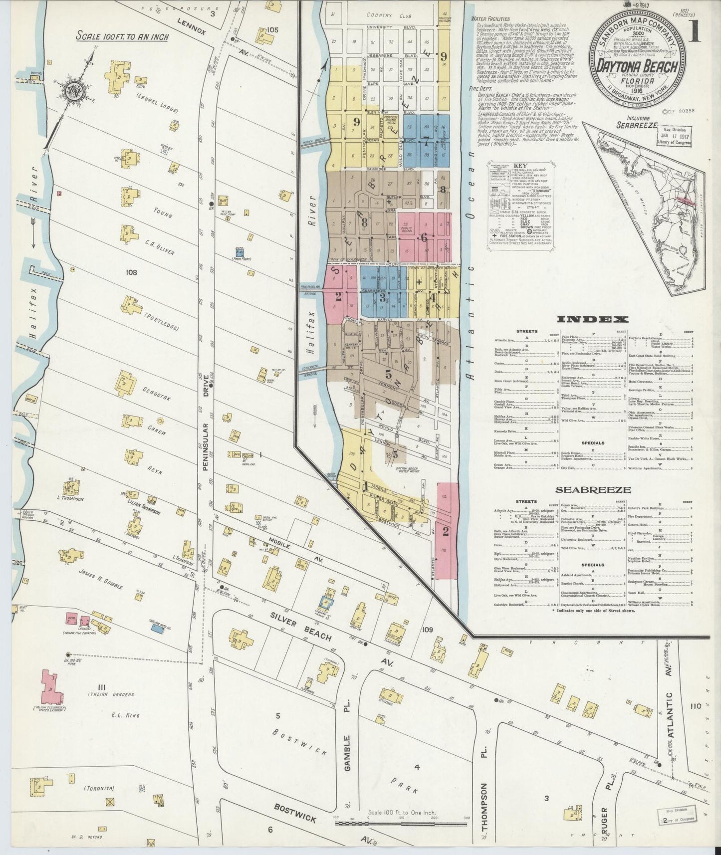 Sanborn Fire Insurance Map from Daytona Beach, Volusia County, Florida (1916), Sheet #0001 - Historic Sanborn Fire Insurance Map Print, vintage old map wall art, antique decor, genealogy gift, Florida Florida map