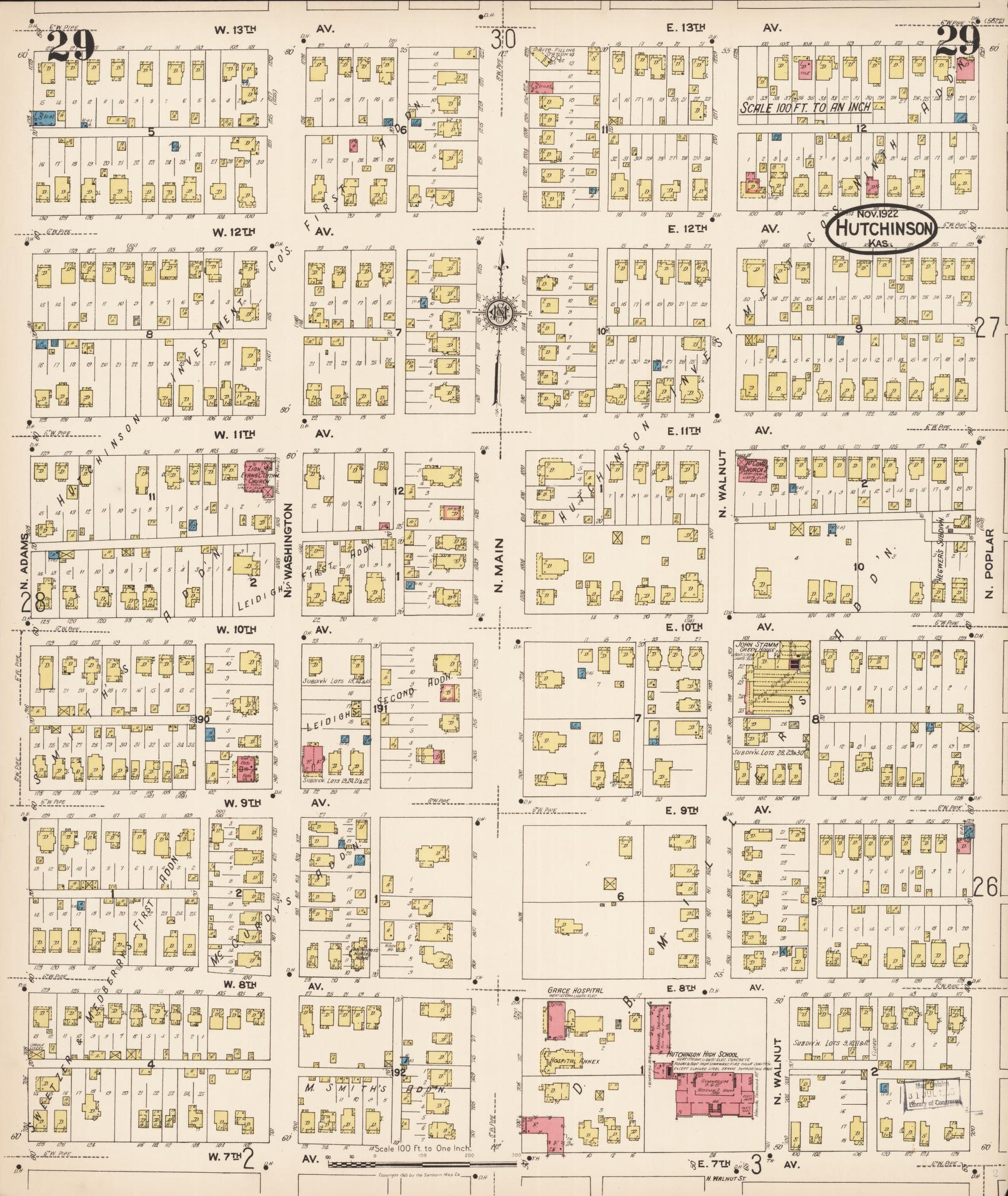 Sanborn Fire Insurance Map from Hutchinson, Reno County, Kansas (1922), Sheet #0030 - Historic Sanborn Fire Insurance Map Print, vintage old map wall art, antique decor, genealogy gift, Kansas Kansas map