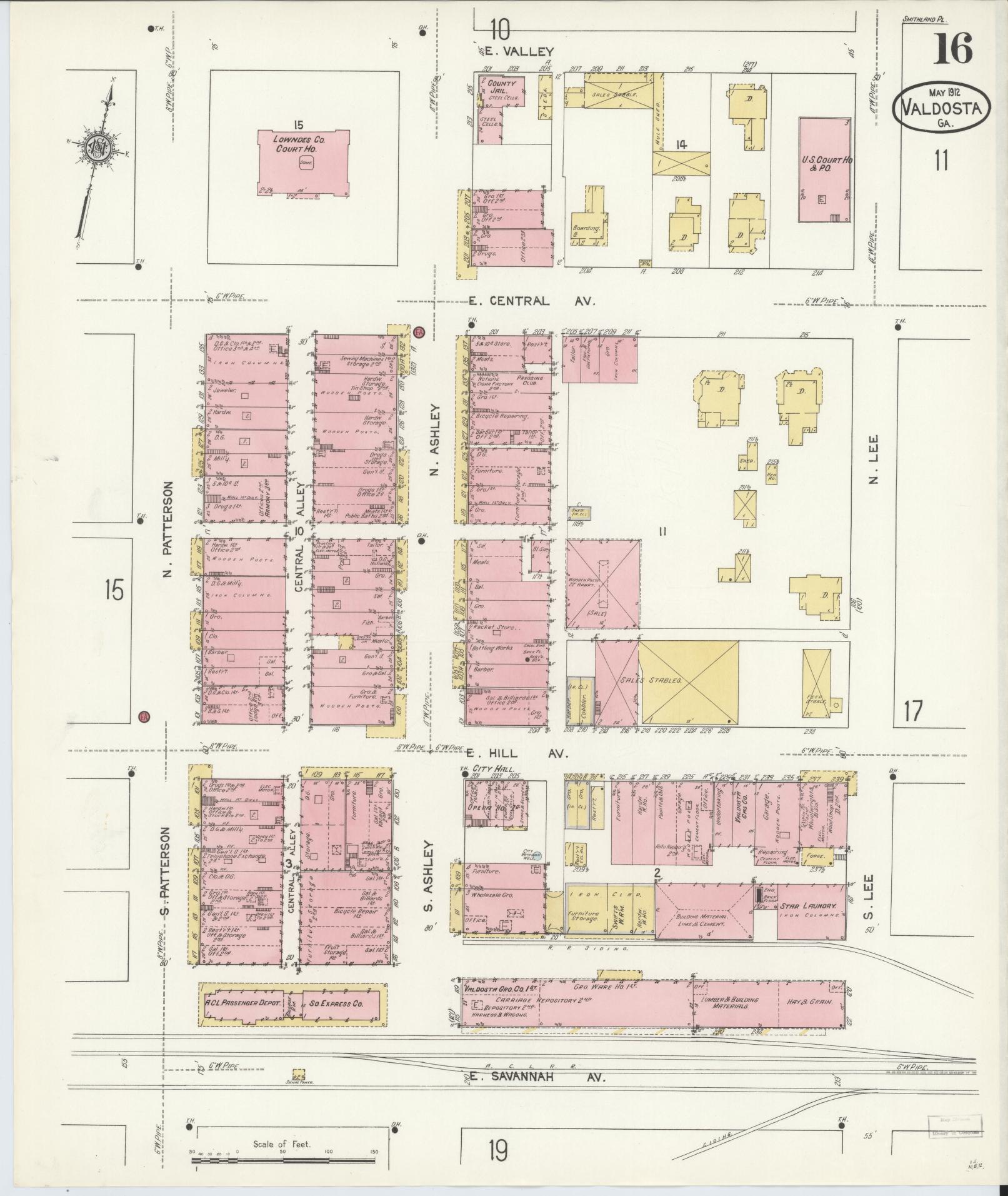 Sanborn Fire Insurance Map from Valdosta, Lowndes County, Georgia (1912), Sheet #0016 - Historic Sanborn Fire Insurance Map Print, vintage old map wall art, antique decor, genealogy gift, Georgia Georgia map