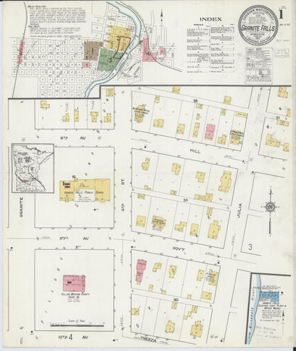 Sanborn Fire Insurance Map from Granite Falls, Yellow Medicine And Chippewa Counties, Minnesota (1917), Sheet #0001 - Historic Sanborn Fire Insurance Map Print, vintage old map wall art, antique decor, genealogy gift, Minnesota Minnesota map