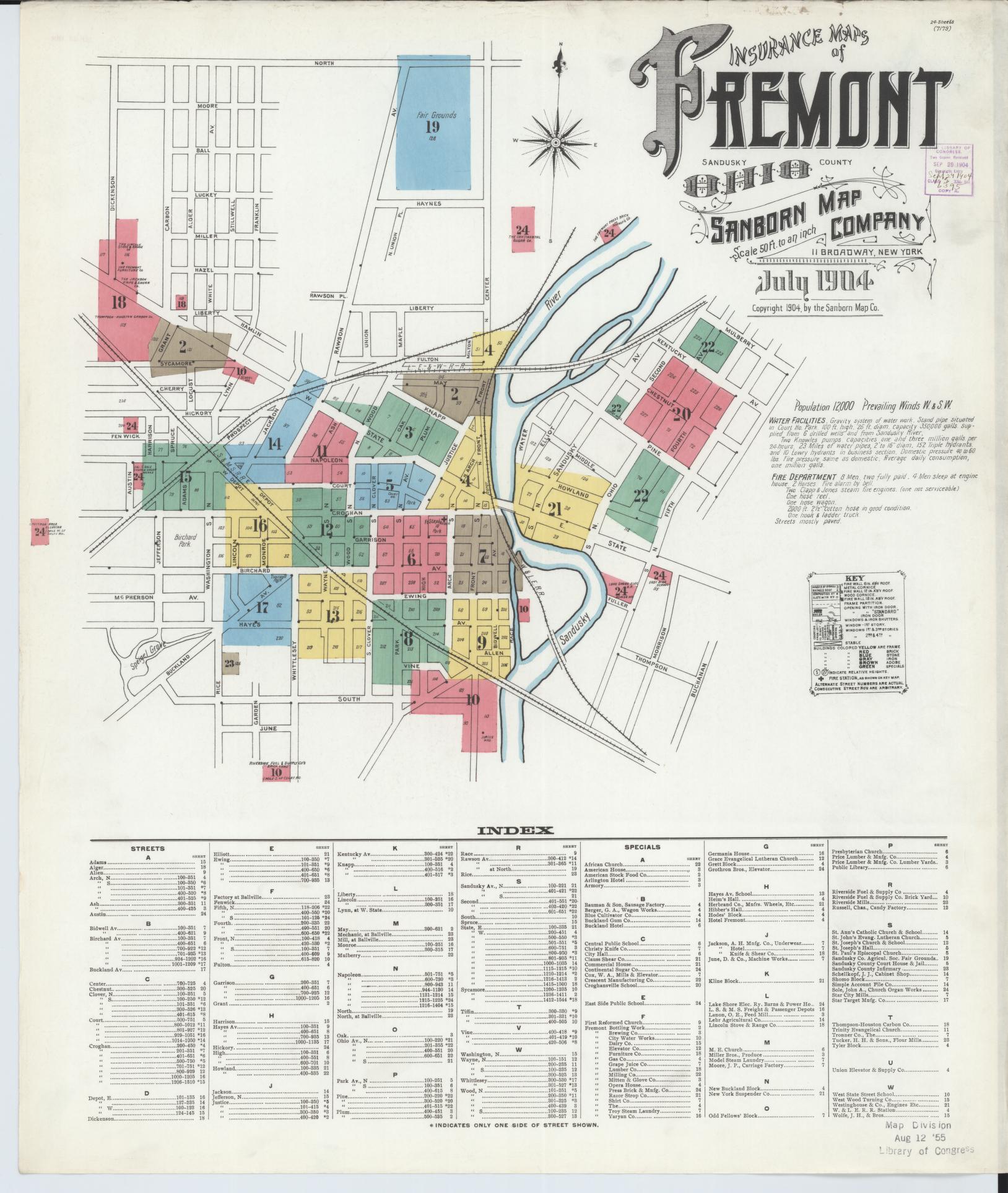 Sanborn Fire Insurance Map from Fremont, Sandusky County, Ohio (1904), Sheet #0001 - Historic Sanborn Fire Insurance Map Print, vintage old map wall art, antique decor, genealogy gift, Ohio Ohio map