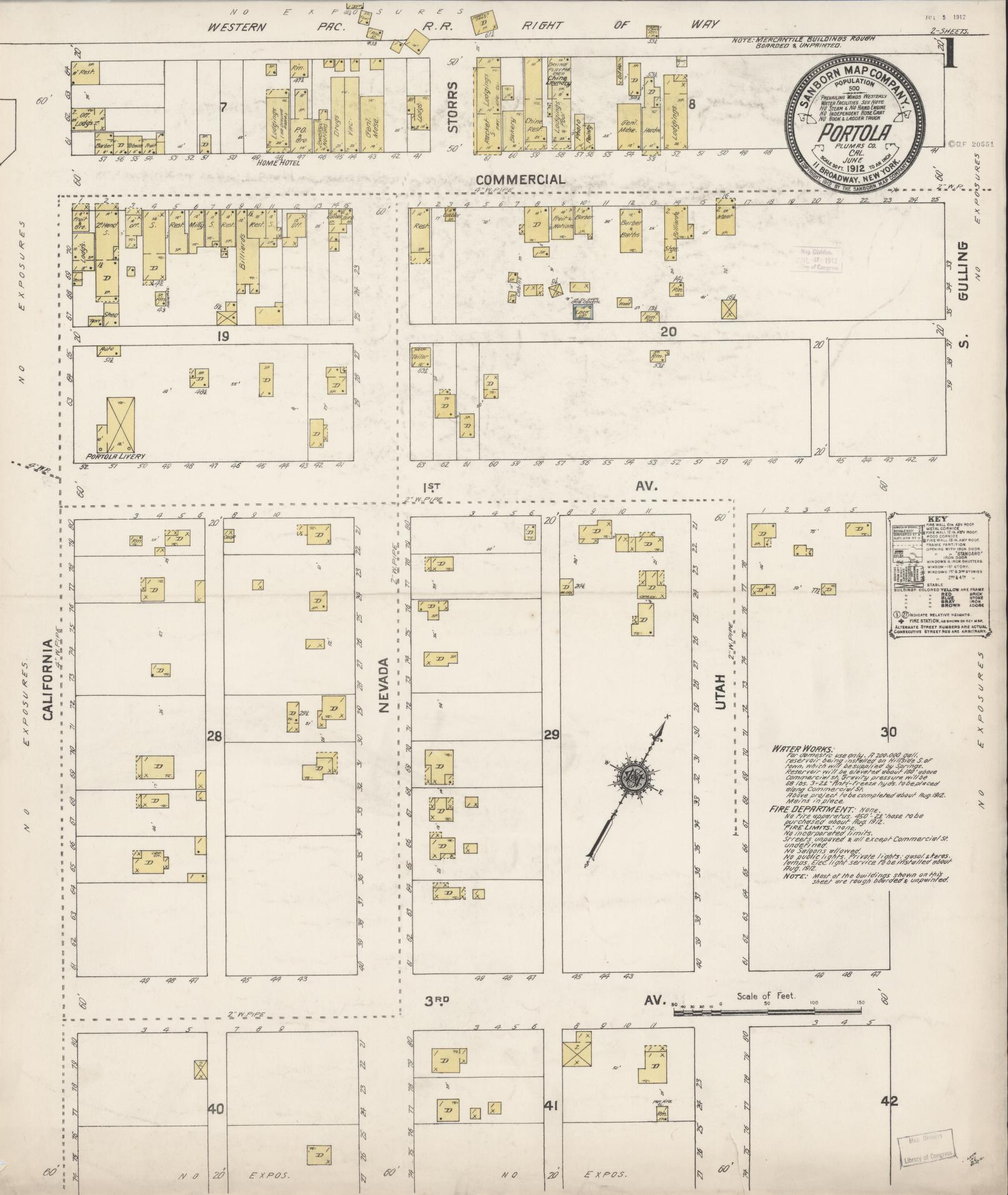 Sanborn Fire Insurance Map from Portola, Plumas County, California (1912), Sheet #0001 - Complete Map Set gallery image, historic Sanborn map, vintage wall art, California California