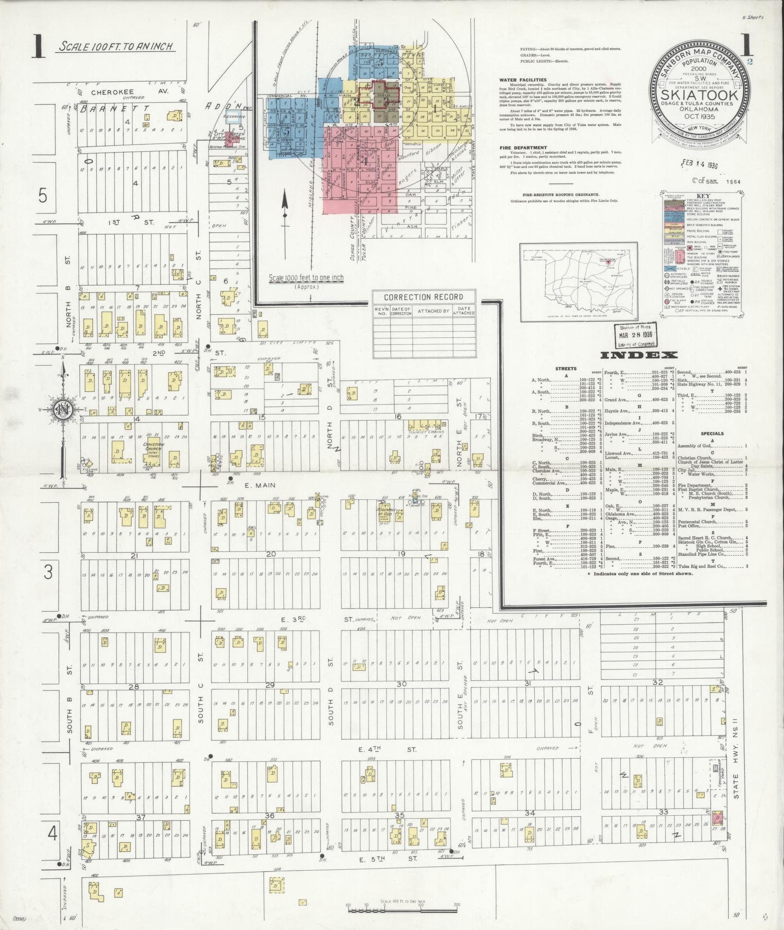 Sanborn Fire Insurance Map from Skiatook, Tulsa And Osage Counties, Oklahoma (1935), Sheet #0001 - Historic Sanborn Fire Insurance Map Print, vintage old map wall art, antique decor, genealogy gift, Oklahoma Oklahoma map