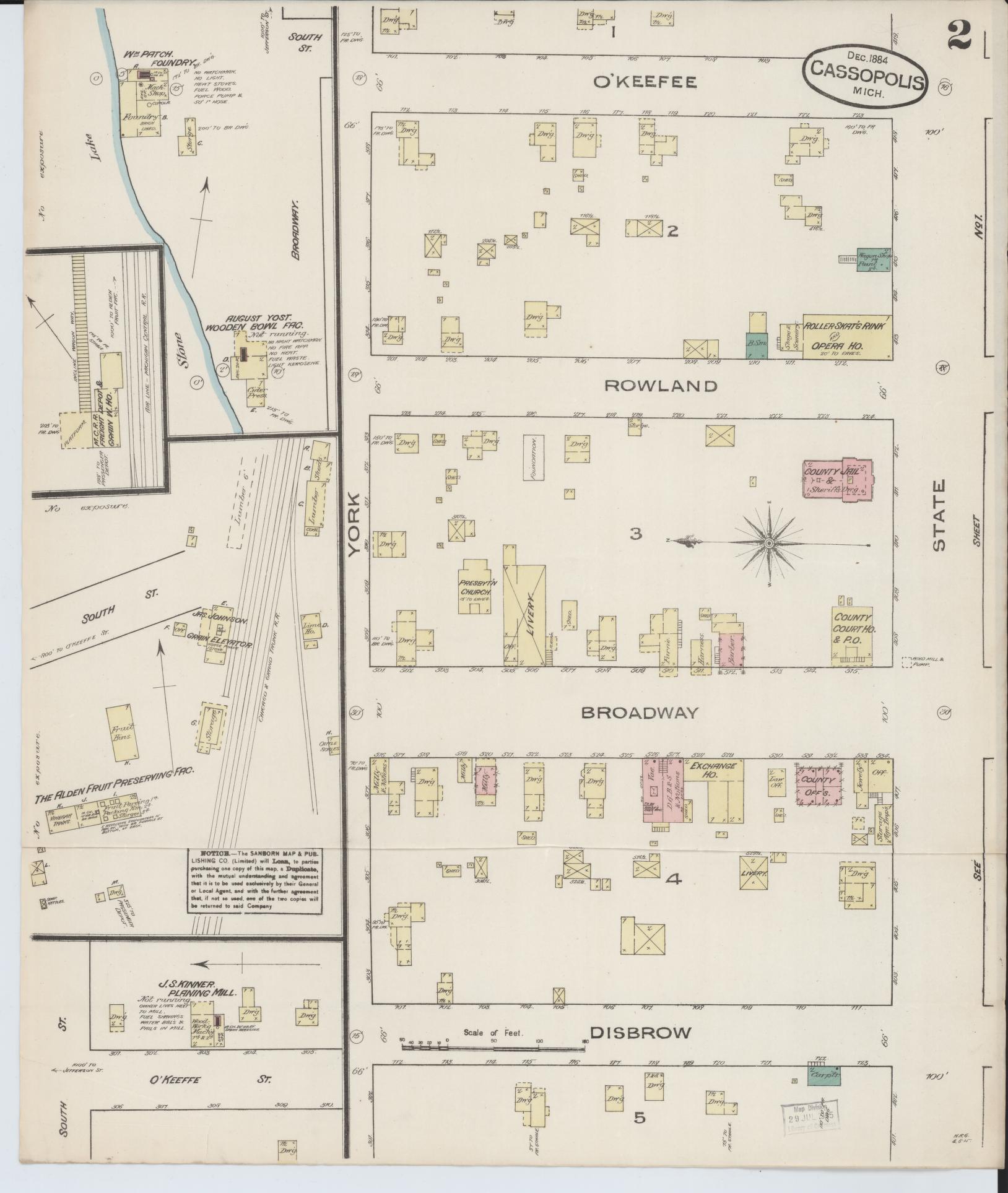 Sanborn Fire Insurance Map from Cassopolis, Cass County, Michigan (1884), Sheet #0002 - Historic Sanborn Fire Insurance Map Print, vintage old map wall art, antique decor, genealogy gift, Michigan Michigan map