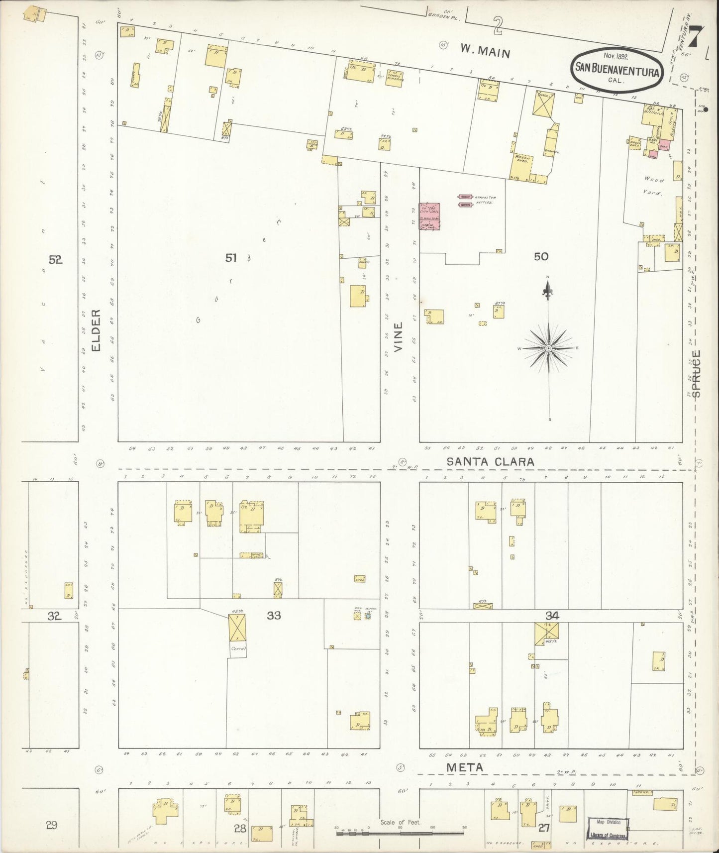 Sanborn Fire Insurance Map from San Buenaventura, Ventura County, California (1892), Sheet #0007 - Complete Map Set gallery image, historic Sanborn map, vintage wall art, California California