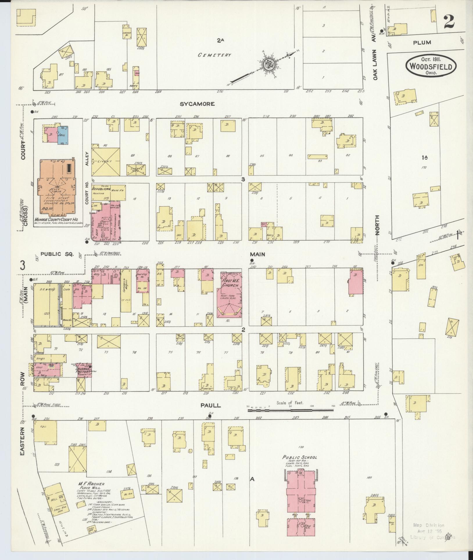 Sanborn Fire Insurance Map from Woodsfield, Monroe County, Ohio (1911), Sheet #0002 - Historic Sanborn Fire Insurance Map Print, vintage old map wall art, antique decor, genealogy gift, Ohio Ohio map