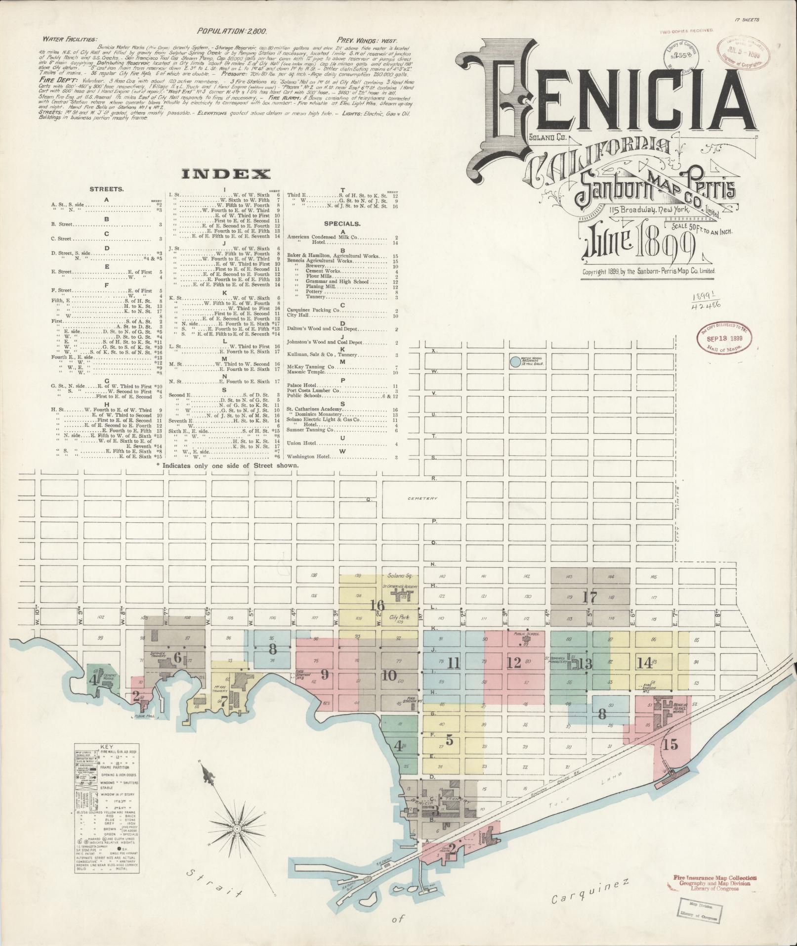 Sanborn Fire Insurance Map from Benicia, Solano County, California (1899), Sheet #0001 - Historic Sanborn Fire Insurance Map Print, vintage old map wall art, antique decor, genealogy gift, California California map