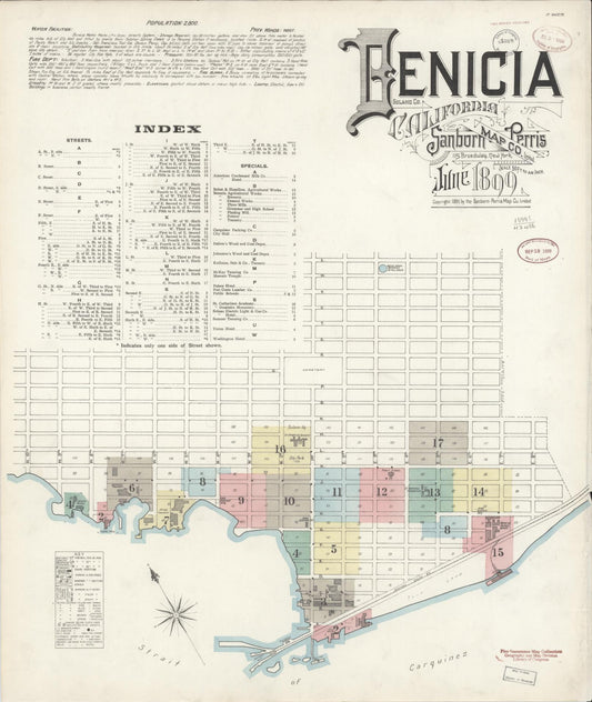 Sanborn Fire Insurance Map from Benicia, Solano County, California (1899), Sheet #0001 - Historic Sanborn Fire Insurance Map Print, vintage old map wall art, antique decor, genealogy gift, California California map