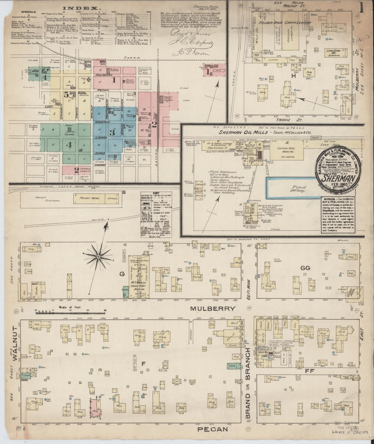 Sanborn Fire Insurance Map from Sherman, Grayson County, Texas (1885), Sheet #0001 - Historic Sanborn Fire Insurance Map Print, vintage old map wall art, antique decor, genealogy gift, Texas Texas map