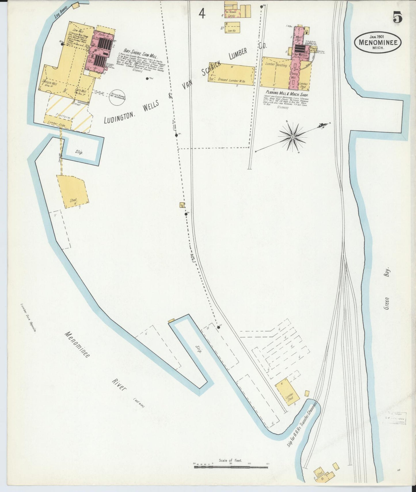 Sanborn Fire Insurance Map from Menominee, Menominee County, Michigan (1901), Sheet #0005 - Historic Sanborn Fire Insurance Map Print, vintage old map wall art, antique decor, genealogy gift, Michigan Michigan map