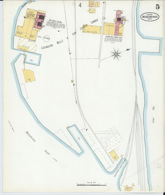 Sanborn Fire Insurance Map from Menominee, Menominee County, Michigan (1901), Sheet #0005 - Historic Sanborn Fire Insurance Map Print, vintage old map wall art, antique decor, genealogy gift, Michigan Michigan map