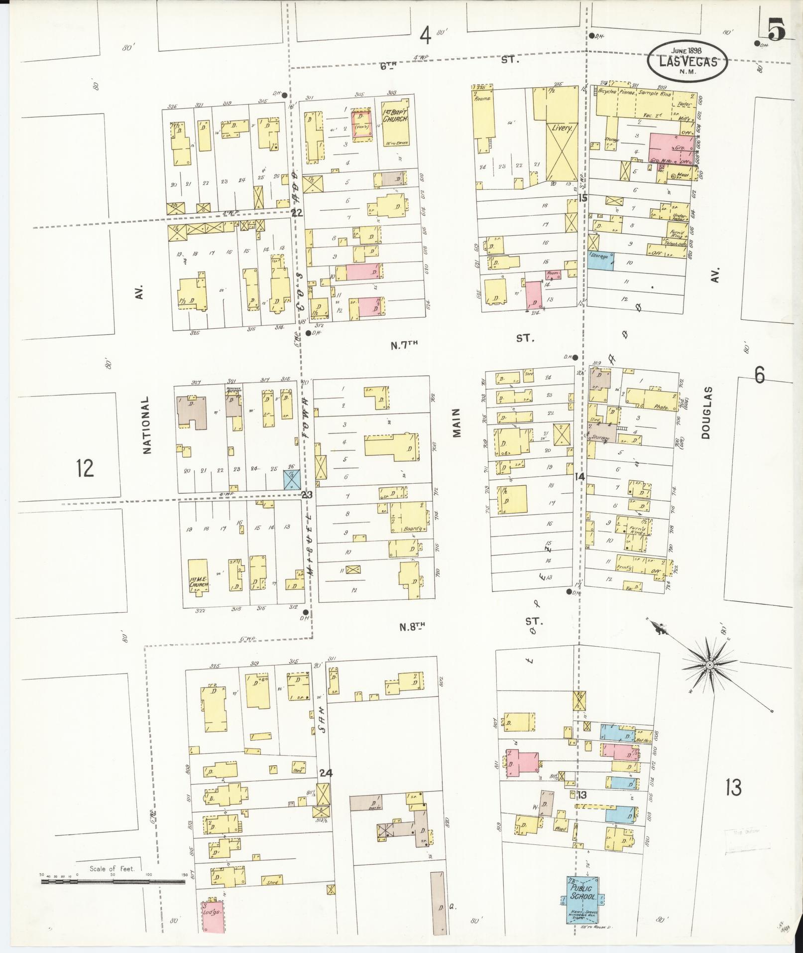 Sanborn Fire Insurance Map from Las Vegas, San Miguel County, New Mexico (1898), Sheet #0005 - Complete Map Set gallery image, historic Sanborn map, vintage wall art, New Mexico New Mexico