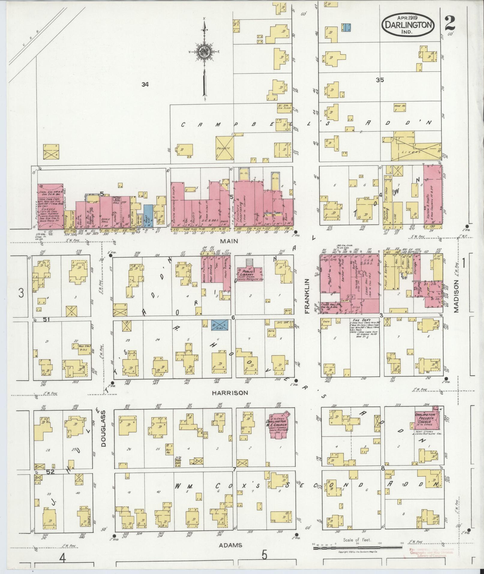 Sanborn Fire Insurance Map from Darlington, Montgomery County, Indiana (1919), Sheet #0002 - Complete Map Set gallery image, historic Sanborn map, vintage wall art, Indiana Indiana