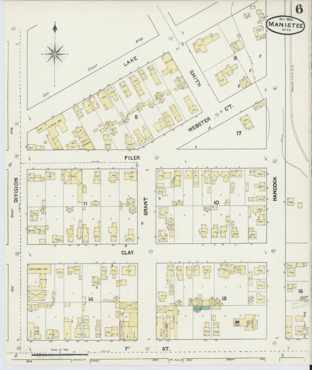 Sanborn Fire Insurance Map from Manistee, Manistee County, Michigan (1890), Sheet #0006 - Historic Sanborn Fire Insurance Map Print, vintage old map wall art, antique decor, genealogy gift, Michigan Michigan map