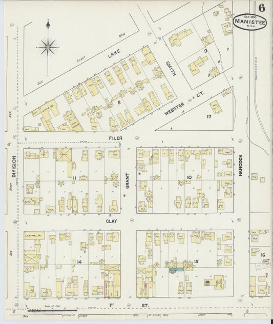 Sanborn Fire Insurance Map from Manistee, Manistee County, Michigan (1890), Sheet #0006 - Historic Sanborn Fire Insurance Map Print, vintage old map wall art, antique decor, genealogy gift, Michigan Michigan map