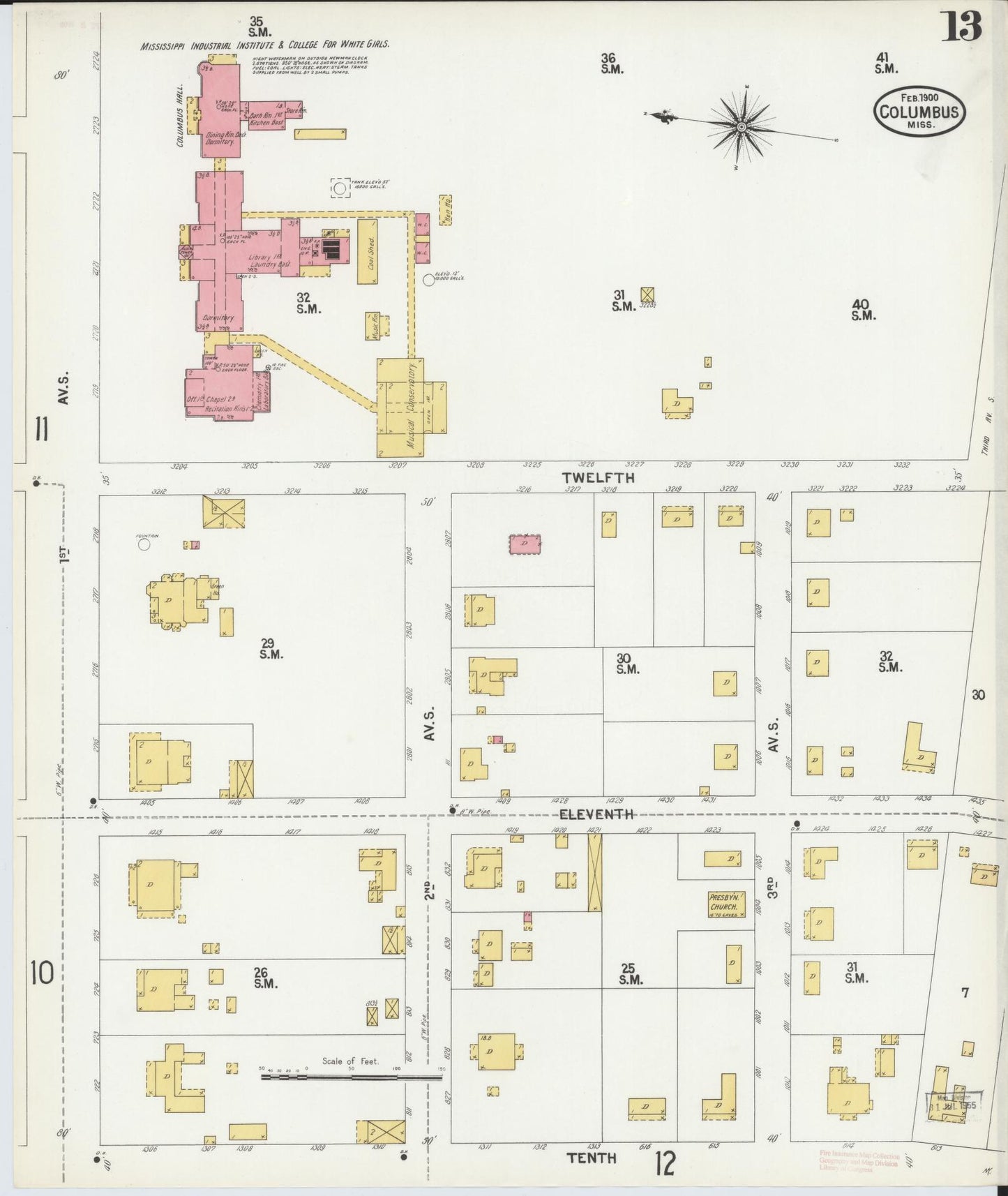 Sanborn Fire Insurance Map from Columbus, Lowndes County, Mississippi (1900), Sheet #0013 - Historic Sanborn Fire Insurance Map Print, vintage old map wall art, antique decor, genealogy gift, Mississippi Mississippi map