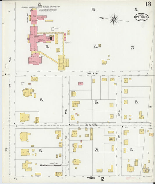 Sanborn Fire Insurance Map from Columbus, Lowndes County, Mississippi (1900), Sheet #0013 - Historic Sanborn Fire Insurance Map Print, vintage old map wall art, antique decor, genealogy gift, Mississippi Mississippi map