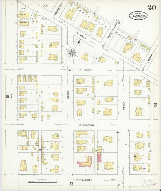 Sanborn Fire Insurance Map from Texarkana, Bowie County, Texas (1909), Sheet #0020 - Historic Sanborn Fire Insurance Map Print, vintage old map wall art, antique decor, genealogy gift, Texas Texas map
