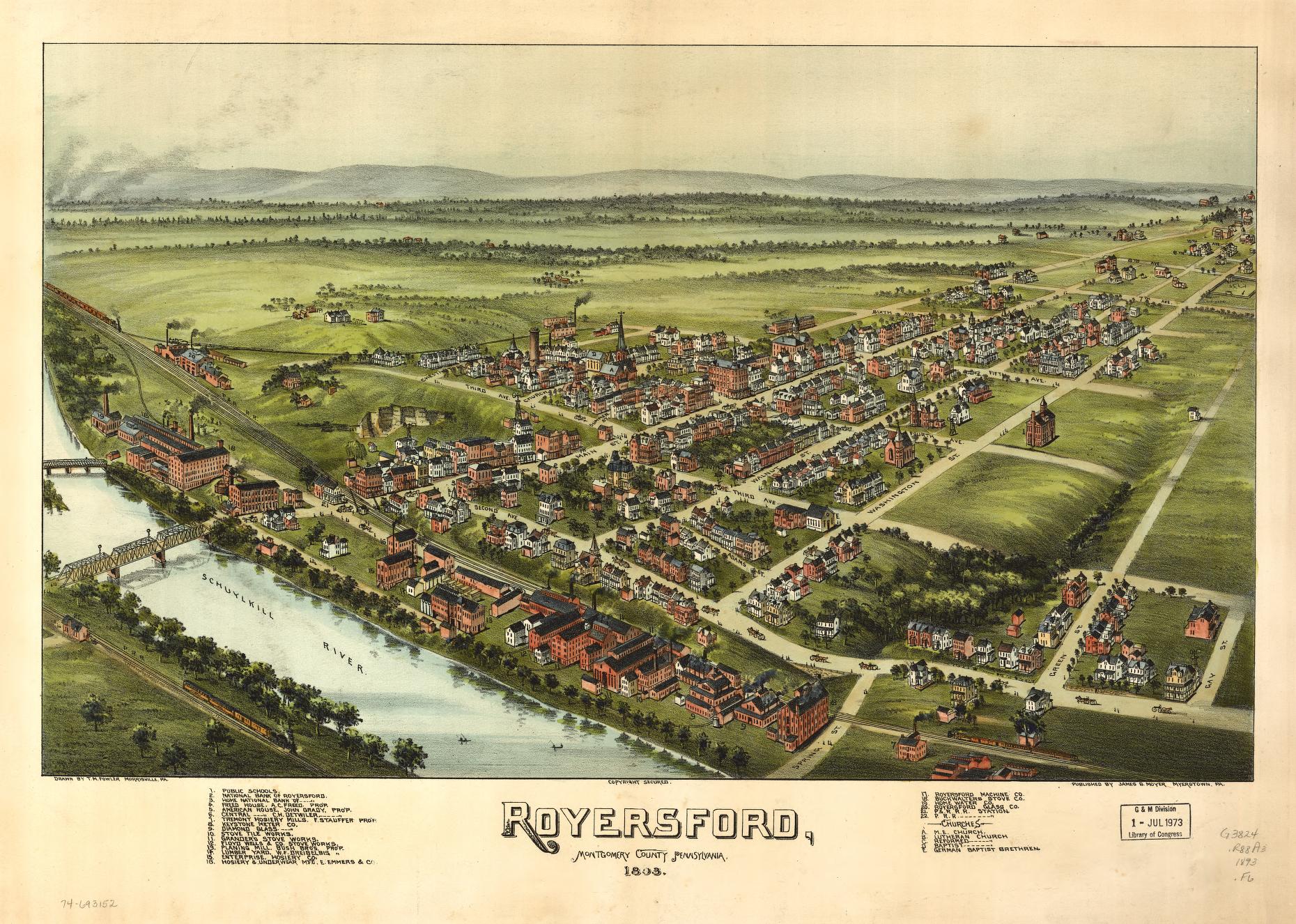 Royersford, Montgomery County, Pennsylvania 18[9]3. (1893) – Historic Bird’s-Eye View Panorama Print