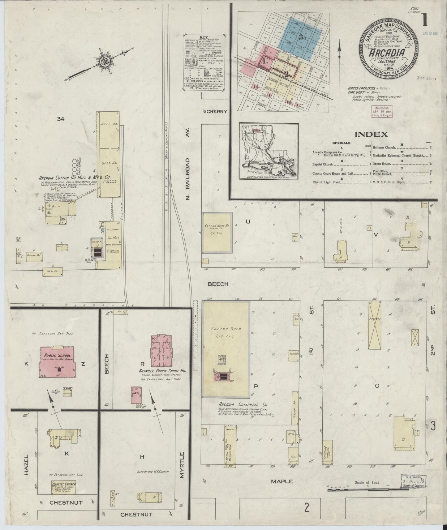 Sanborn Fire Insurance Map from Arcadia, Bienville Parish, Louisiana (1914), Sheet #0001 - Complete Map Set gallery image, historic Sanborn map, vintage wall art, Louisiana Louisiana