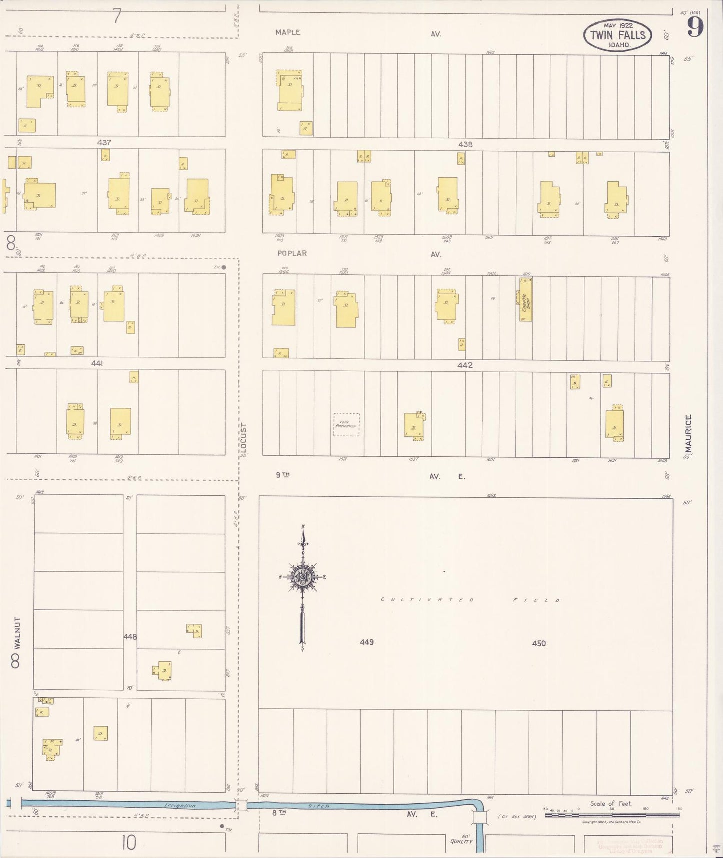 Sanborn Fire Insurance Map from Twin Falls, Twin Falls County, Idaho (1922), Sheet #0009 - Complete Map Set gallery image, historic Sanborn map, vintage wall art, Falls Idaho