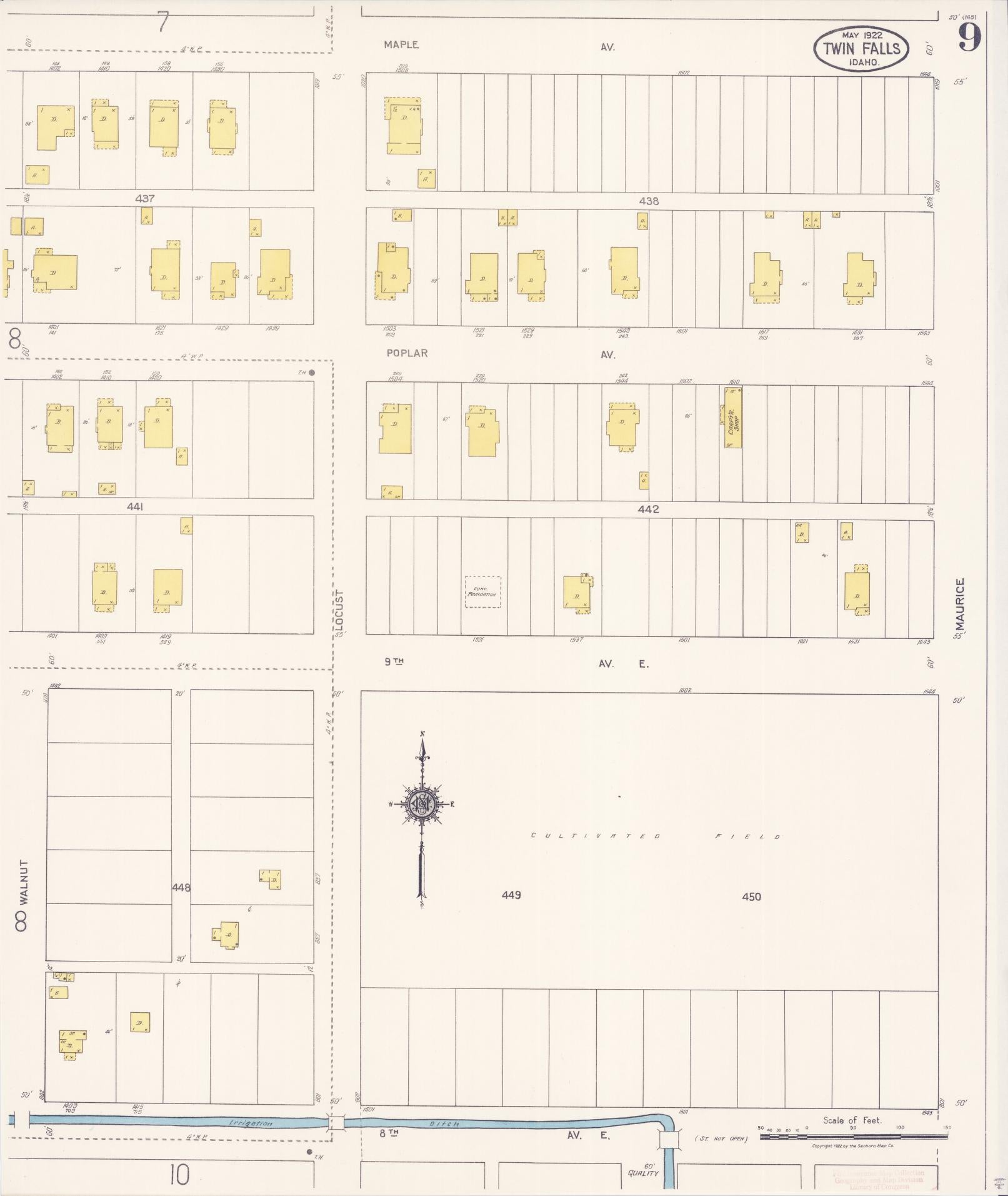 Sanborn Fire Insurance Map from Twin Falls, Twin Falls County, Idaho (1922), Sheet #0009 - Complete Map Set gallery image, historic Sanborn map, vintage wall art, Falls Idaho