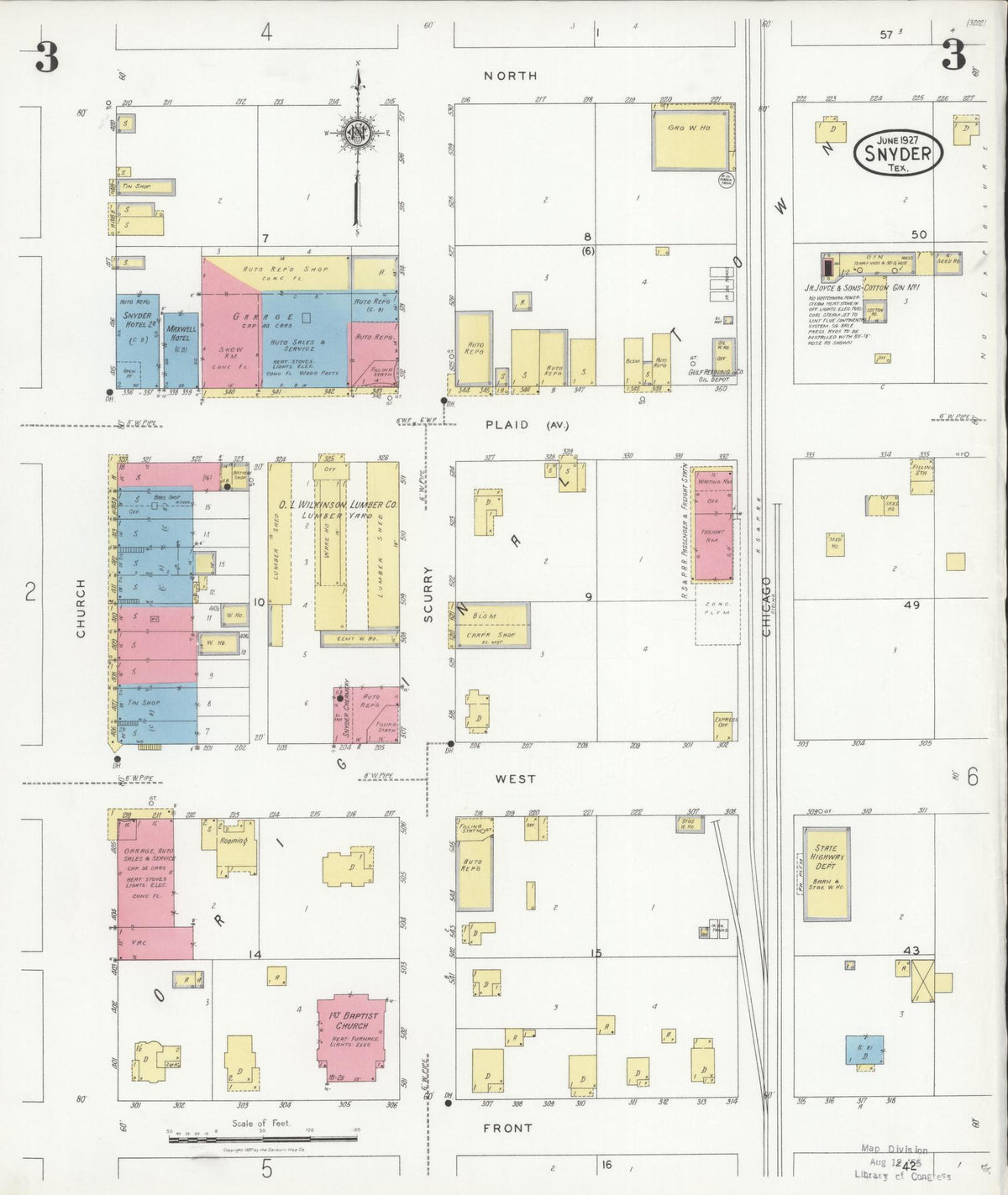 Sanborn Fire Insurance Map from Snyder, Scurry County, Texas (1927), Sheet #0003 - Complete Map Set gallery image, historic Sanborn map, vintage wall art, Texas Texas