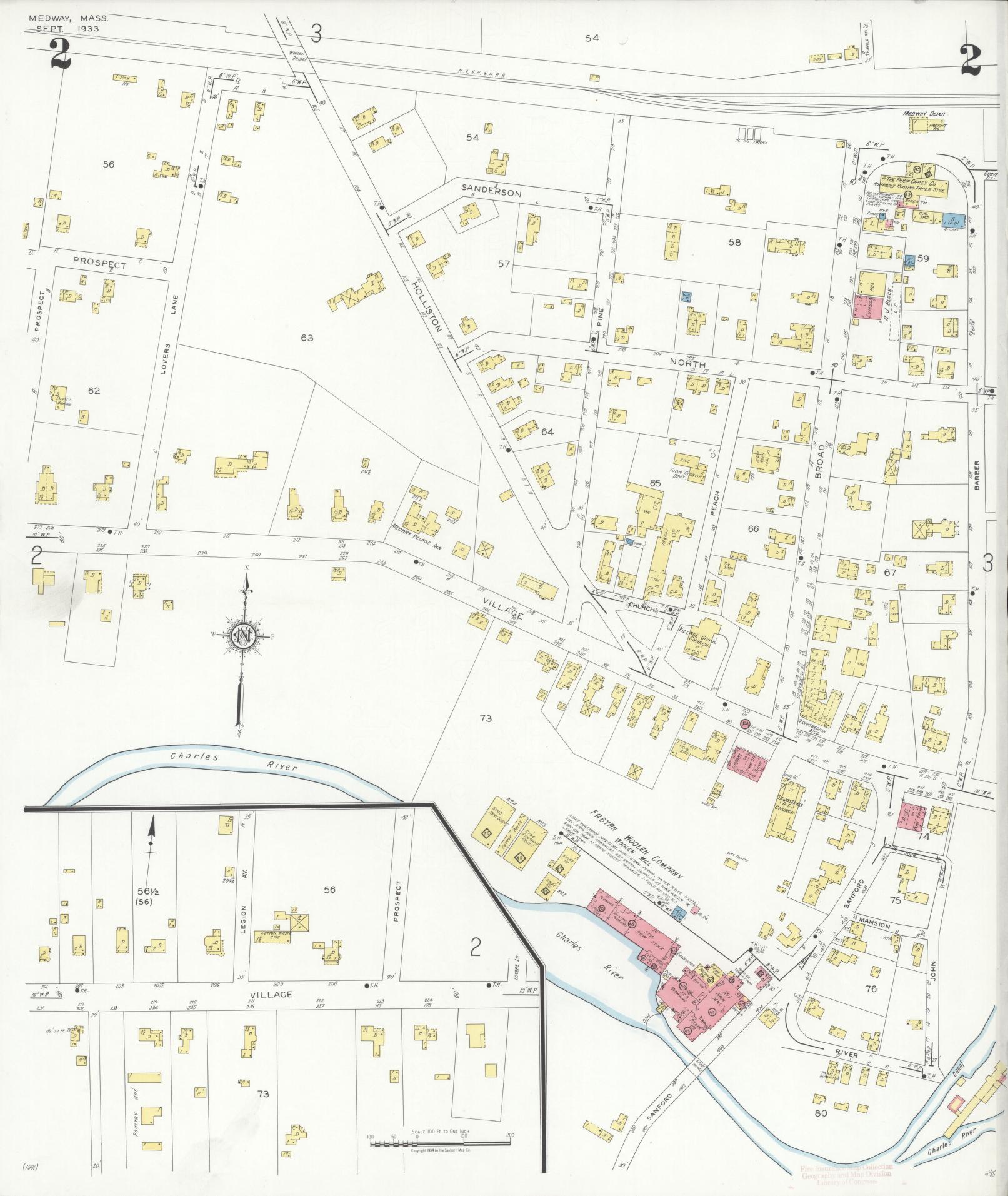 Sanborn Fire Insurance Map from Medway, Norfolk County, Massachusetts (1933), Sheet #0002 - Complete Map Set gallery image, historic Sanborn map, vintage wall art, Massachusetts Massachusetts