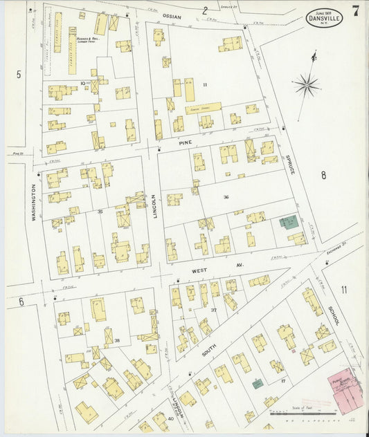 Sanborn Fire Insurance Map from Dansville, Livingston County, New York (1909), Sheet #0007 - Historic Sanborn Fire Insurance Map Print, vintage old map wall art, antique decor, genealogy gift, New York New York map