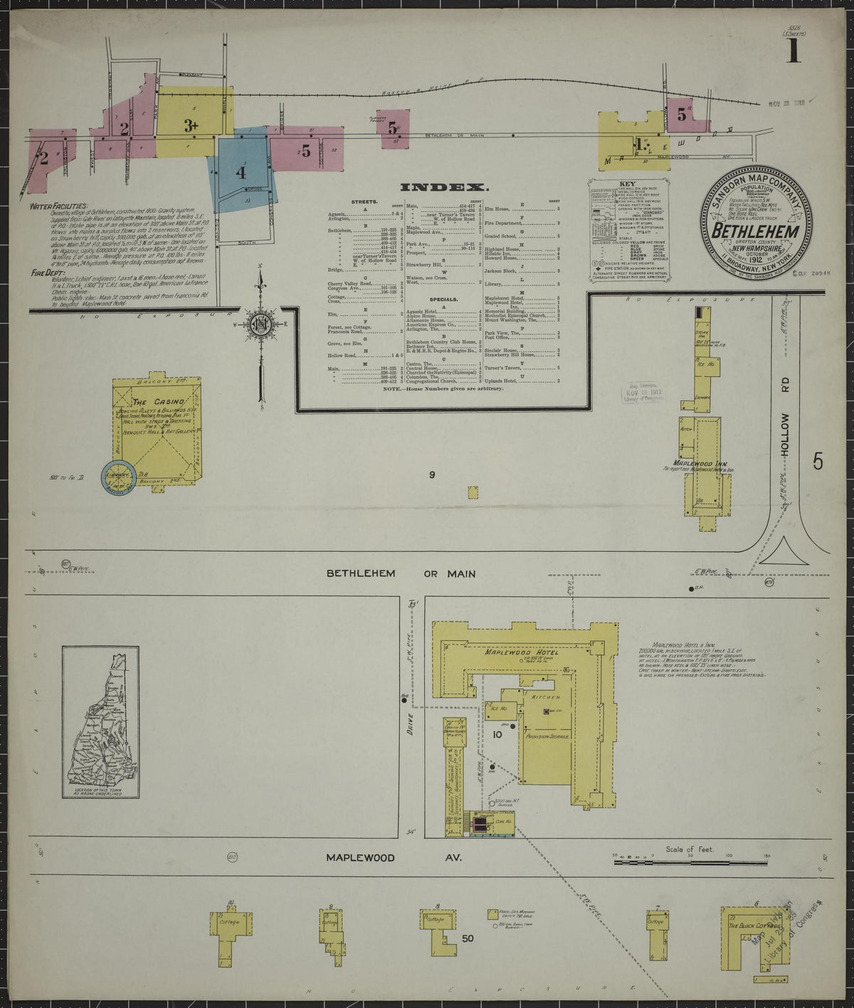 Sanborn Fire Insurance Map from Bethlehem, Grafton County, New Hampshire (1912), Sheet #0001 - Complete Map Set gallery image, historic Sanborn map, vintage wall art, New Hampshire New Hampshire