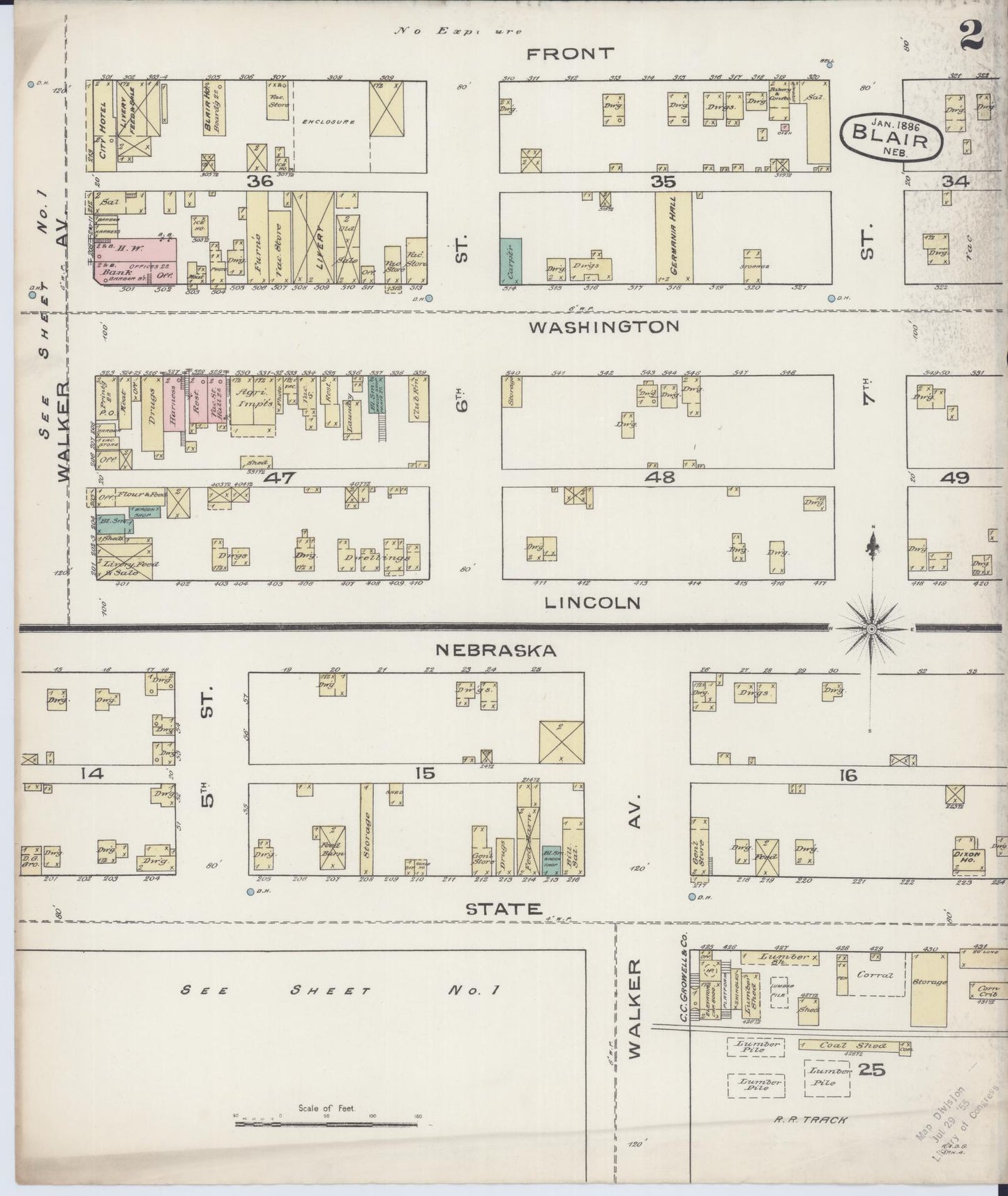 Sanborn Fire Insurance Map from Blair, Washington County, Nebraska (1886), Sheet #0002 - Complete Map Set gallery image, historic Sanborn map, vintage wall art, Nebraska Nebraska