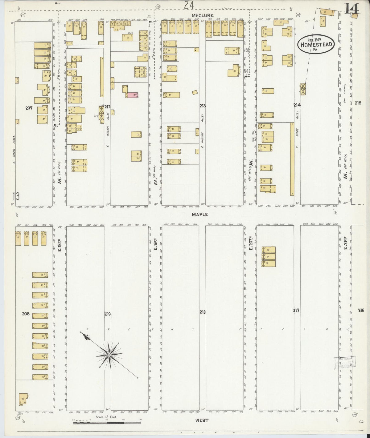 Sanborn Fire Insurance Map from Homestead, Allegheny County, Pennsylvania (1907), Sheet #0014 - Historic Sanborn Fire Insurance Map Print, vintage old map wall art, antique decor, genealogy gift, Pennsylvania Pennsylvania map