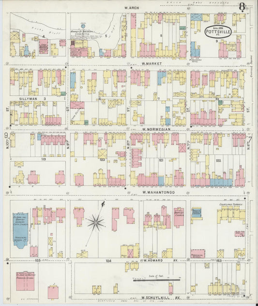 Sanborn Fire Insurance Map from Pottsville, Schuylkill County, Pennsylvania (1895), Sheet #0008 - Historic Sanborn Fire Insurance Map Print, vintage old map wall art, antique decor, genealogy gift, Pennsylvania Pennsylvania map