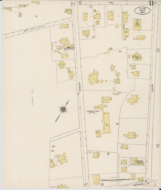Sanborn Fire Insurance Map from Hilo, Hawaii County, Hawaii (1921), Sheet #0011 - Historic Sanborn Fire Insurance Map Print, vintage old map wall art