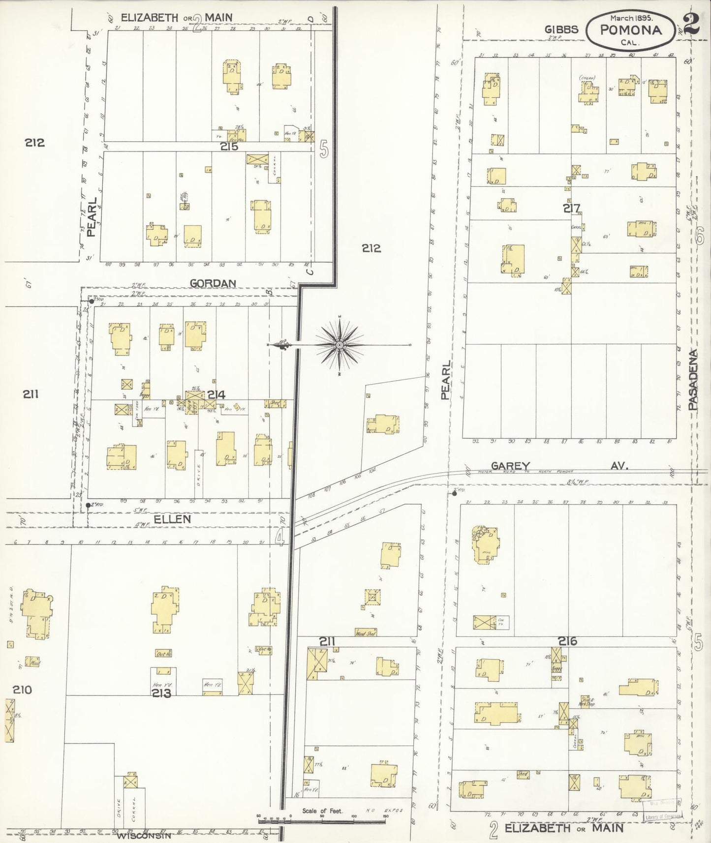 Sanborn Fire Insurance Map from Pomona, Los Angeles County, California (1895), Sheet #0002 - Complete Map Set gallery image, historic Sanborn map, vintage wall art, California California