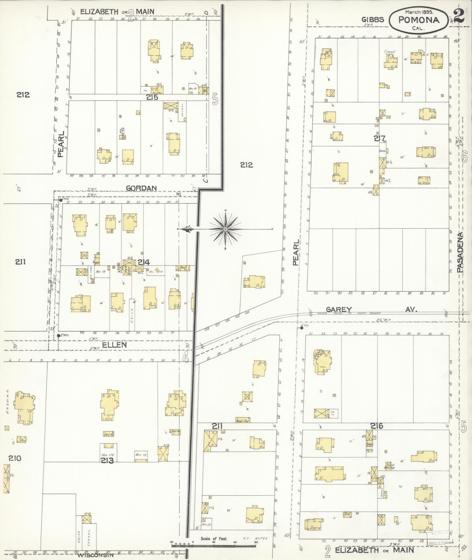 Sanborn Fire Insurance Map from Pomona, Los Angeles County, California (1895), Sheet #0002 - Complete Map Set gallery image, historic Sanborn map, vintage wall art, California California