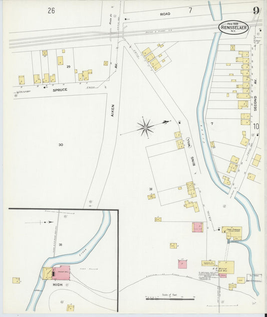 Sanborn Fire Insurance Map from Rensselaer, Rensselaer County, New York (1909), Sheet #0009 - Historic Sanborn Fire Insurance Map Print, vintage old map wall art, antique decor, genealogy gift, New York New York map