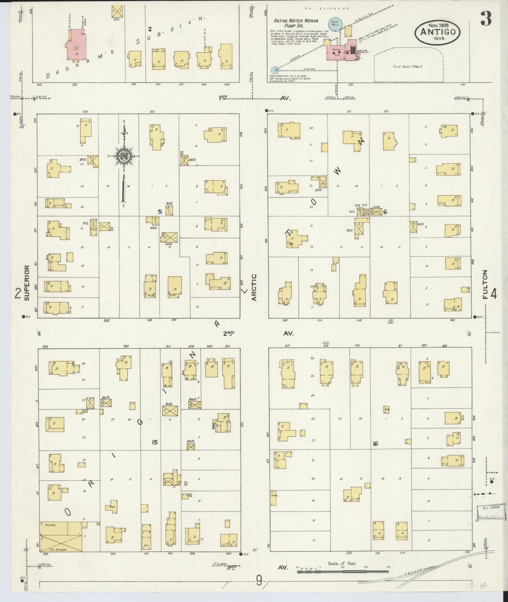 Sanborn Fire Insurance Map from Antigo, Langlade County, Wisconsin (1909), Sheet #0003 - Historic Sanborn Fire Insurance Map Print, vintage old map wall art, antique decor, genealogy gift, Wisconsin Wisconsin map