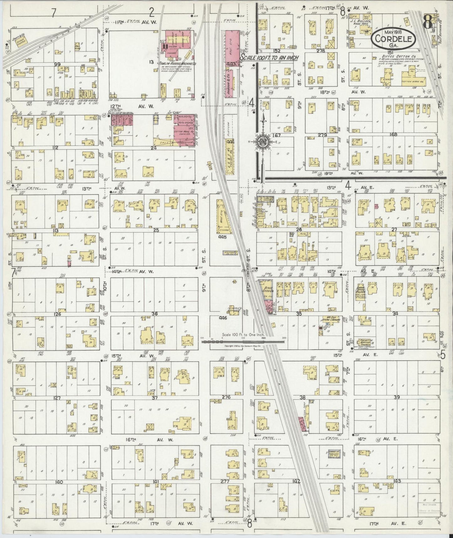 Sanborn Fire Insurance Map from Cordele, Crisp County, Georgia (1918), Sheet #0008 - Historic Sanborn Fire Insurance Map Print, vintage old map wall art, antique decor, genealogy gift, Georgia Georgia map